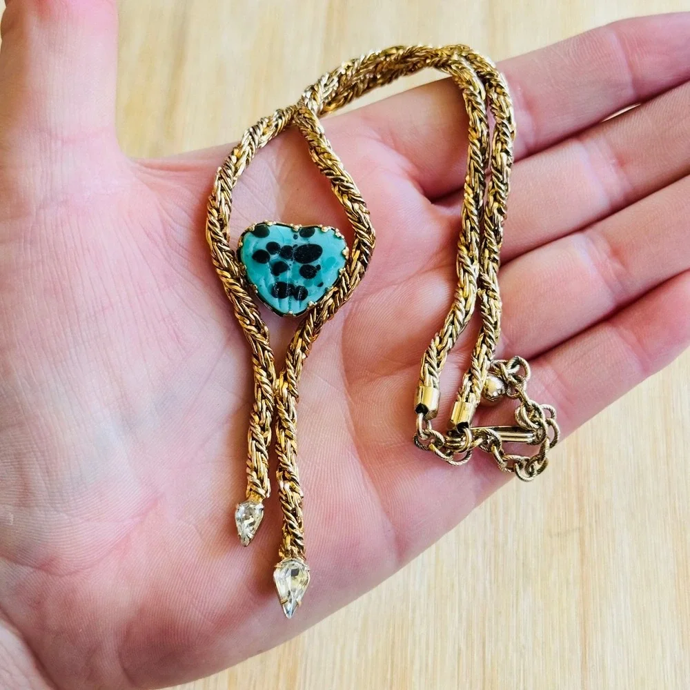 VTG Volupte Heart Necklace VTG Turquoise Glass Statement Rope Gold Whimsical 16